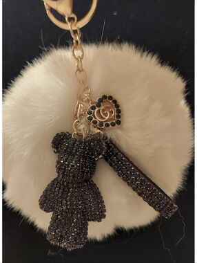 Designer Style White Pom Pom Fur Rhinestone Black Bear Keychain Bag Charm